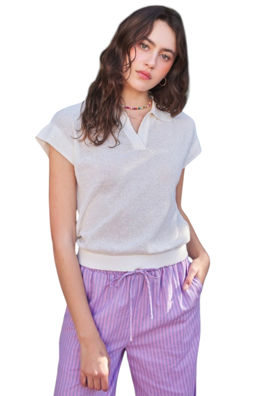 Cream Drop Shoulder Lightweight Sweater Collared Polo Top