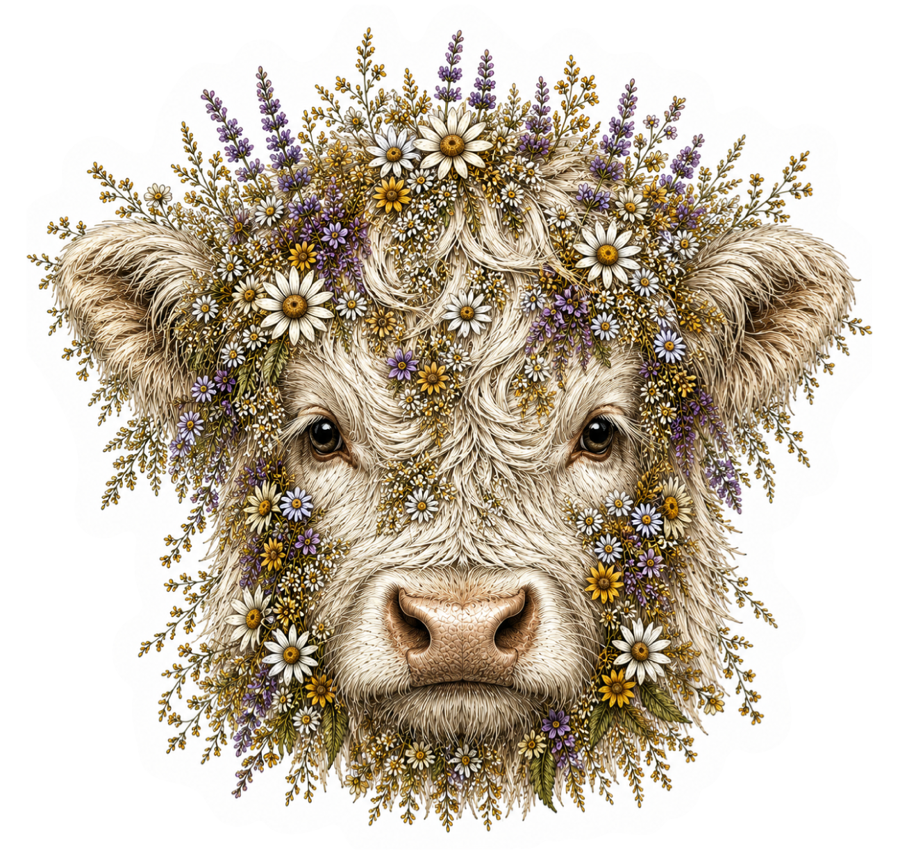 Highland Cow Wildflower WHITE Sticker