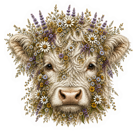 Highland Cow Wildflower WHITE Sticker