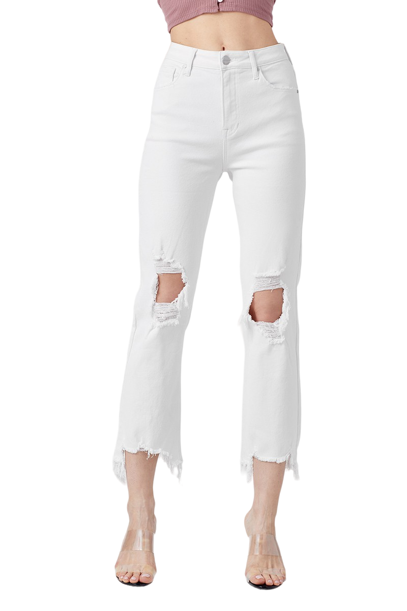 Risen White High-Rise Straight Crop Jeans