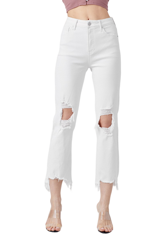 Risen White High-Rise Straight Crop Jeans