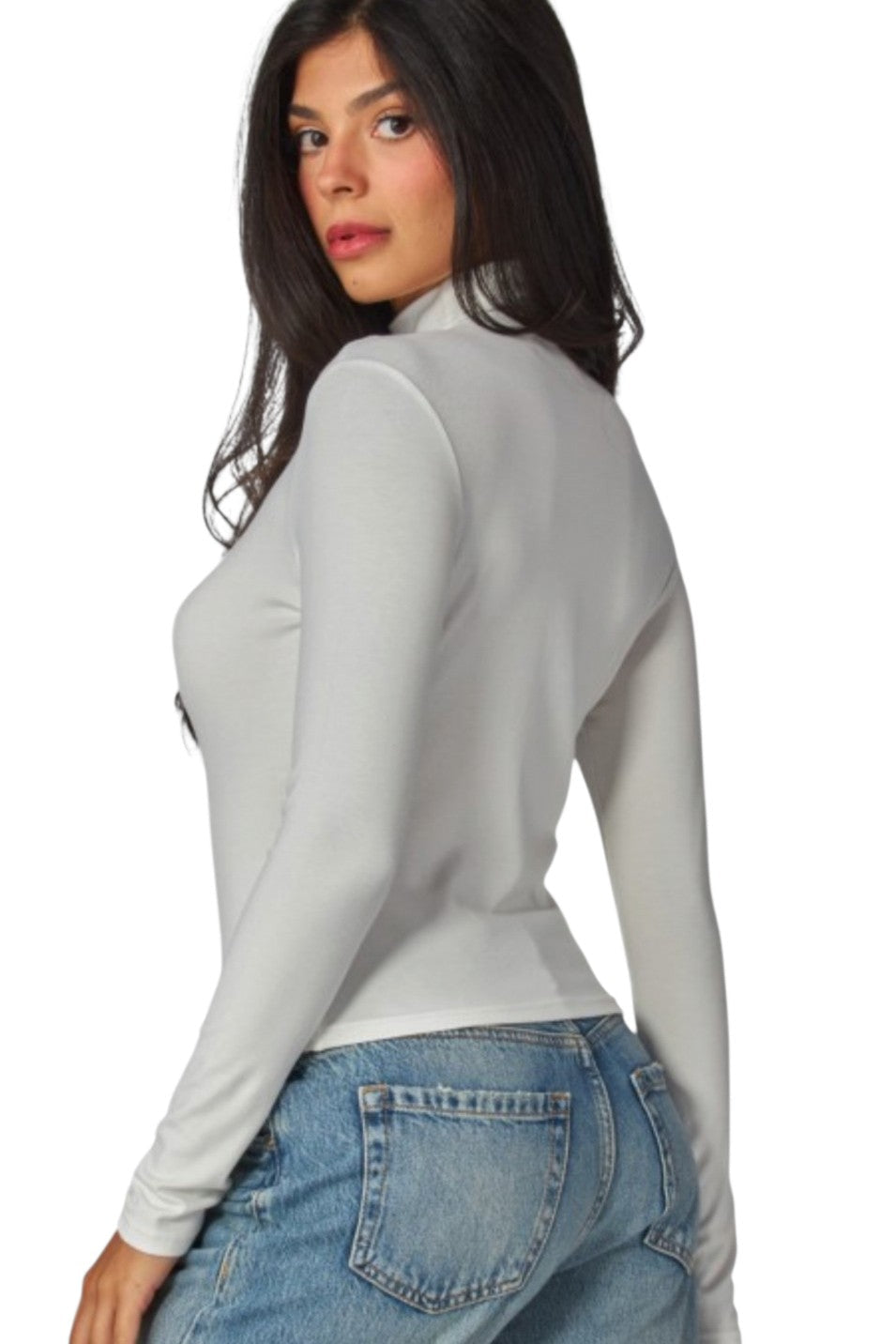 White Fitted Fine Ribbed Long Sleeve Mockneck