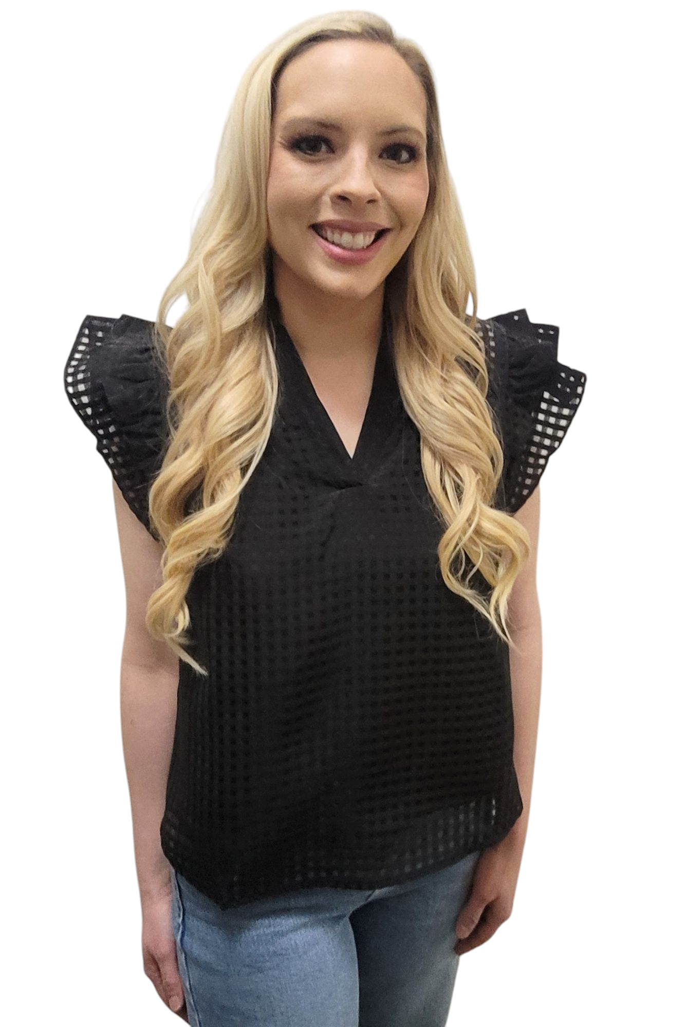 Black Split V Neck Ruffled Checker Organza Top
