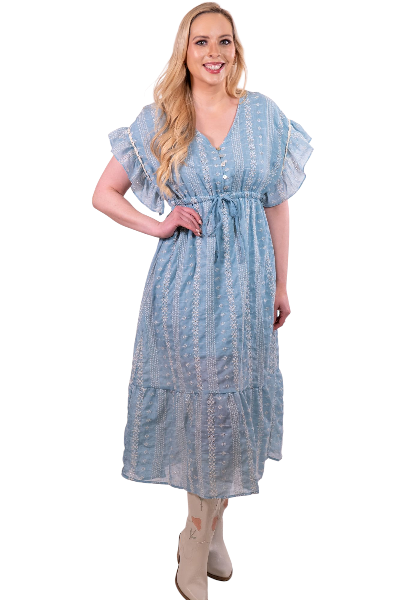 Blue Embroidered Boho Ruffles Midi Dress