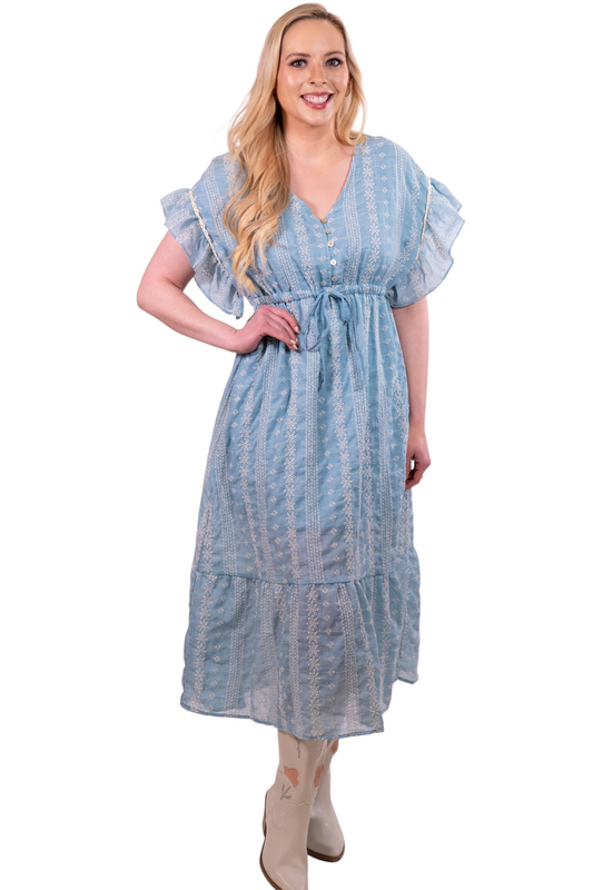 Blue Embroidered Boho Ruffles Midi Dress