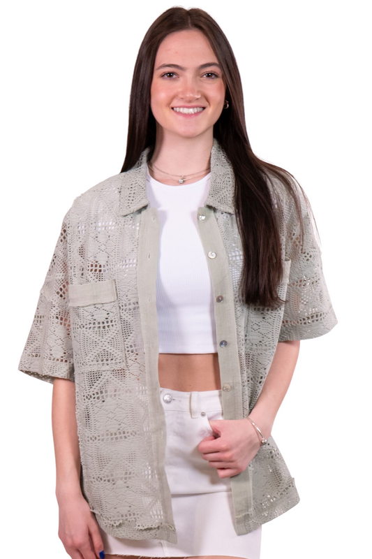 Sage Oversized Crochet Button Down Shirt Top