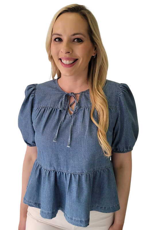 Washed Denim Babydoll Bow Tie Top
