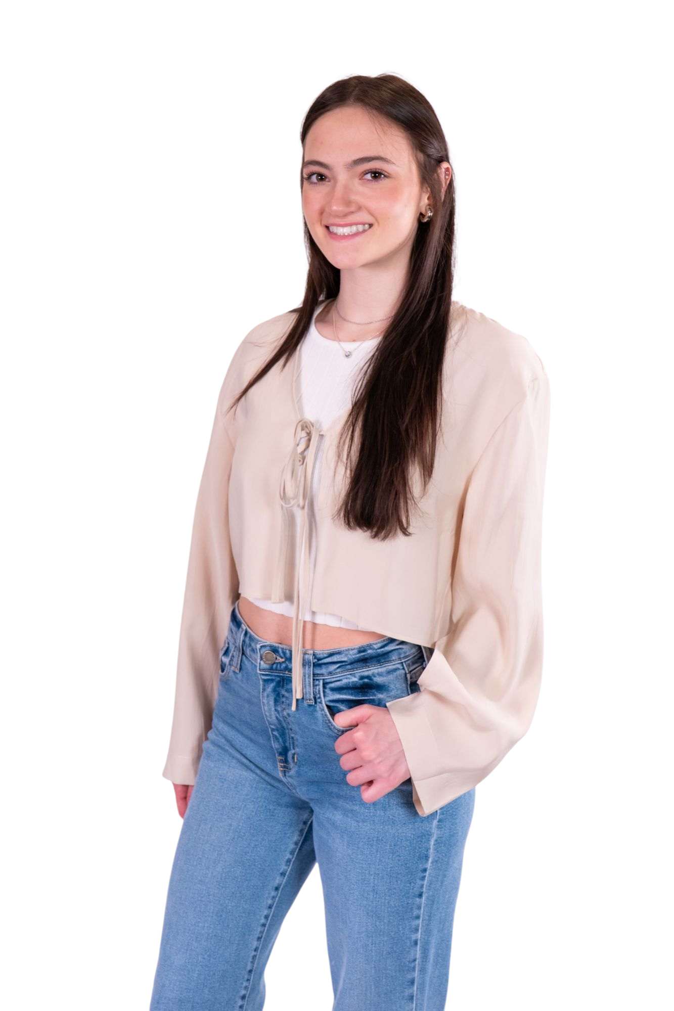 Beige Viscose Tie Front Long Sleeve Top