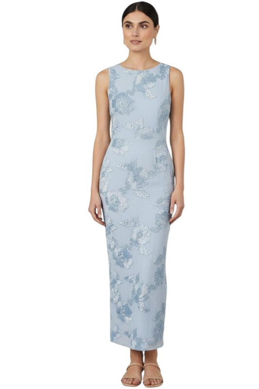 Sky Blue Floral Ribbon Applique Mesh Maxi Dress