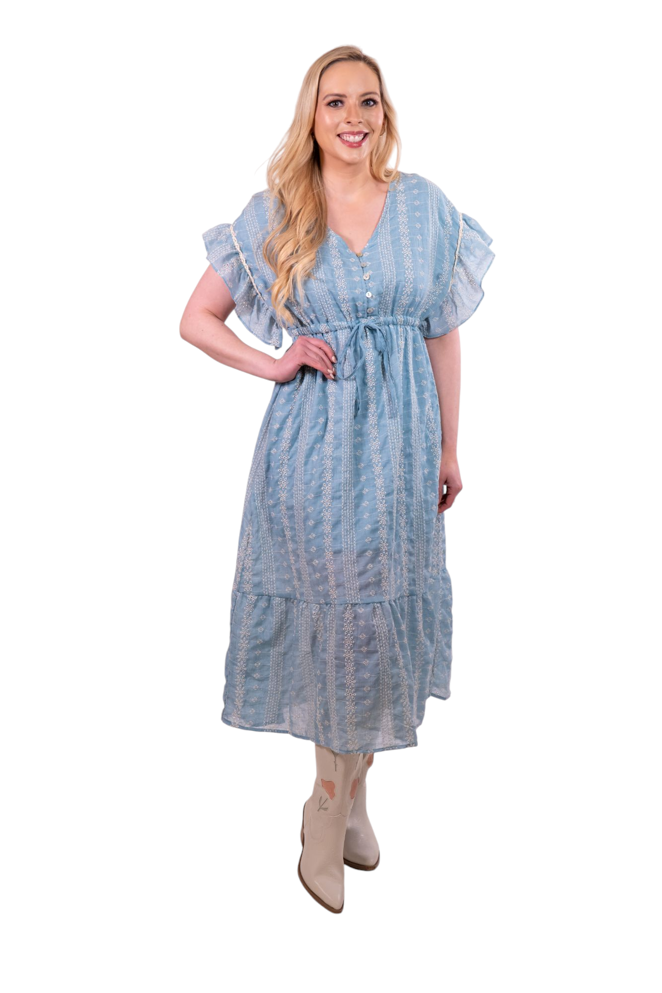 Blue Embroidered Boho Ruffles Midi Dress