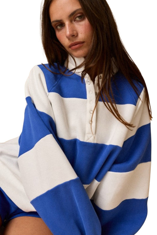 White & Blue Colorblock Snap Pullover Sweatshirt