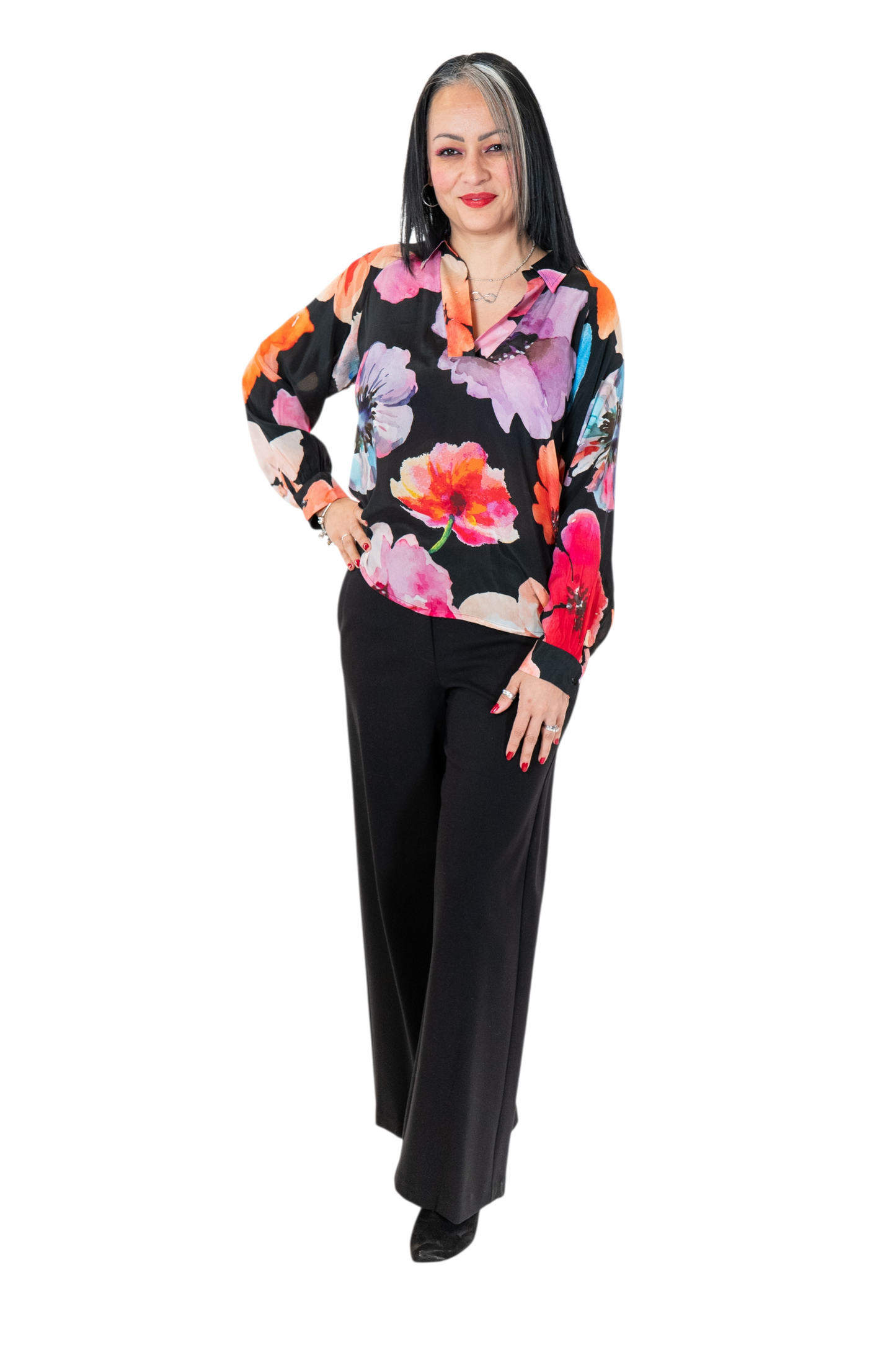 APNY Bright Pink Bold Floral Half Placket Pullover Blouse
