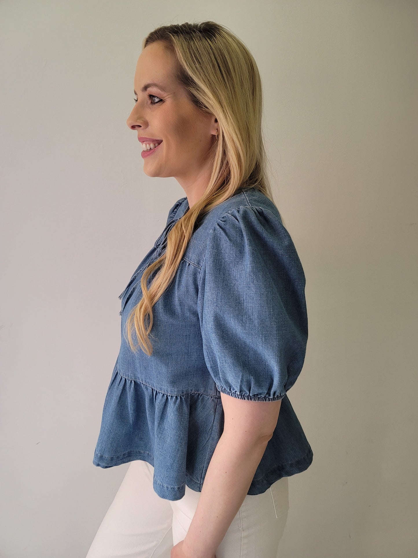 Washed Denim Babydoll Bow Tie Top
