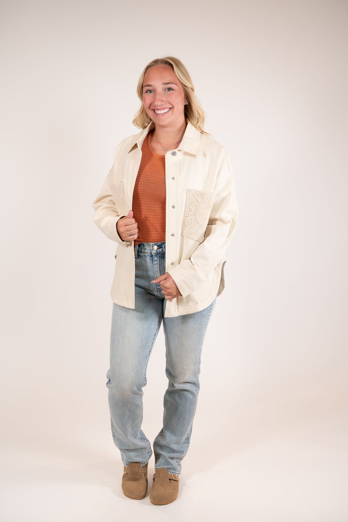 Sadie & Sage Cream Clear Eyes Crochet Pocket Shacket – Midtown Marketplace