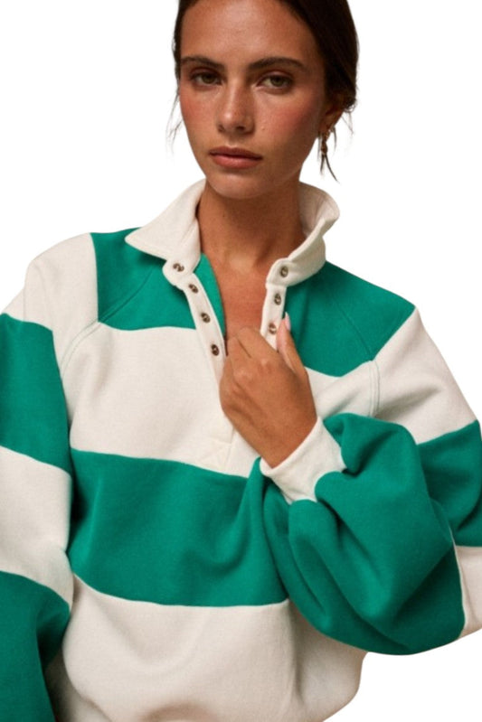 White & Green Colorblock Snap Pullover Sweatshirt