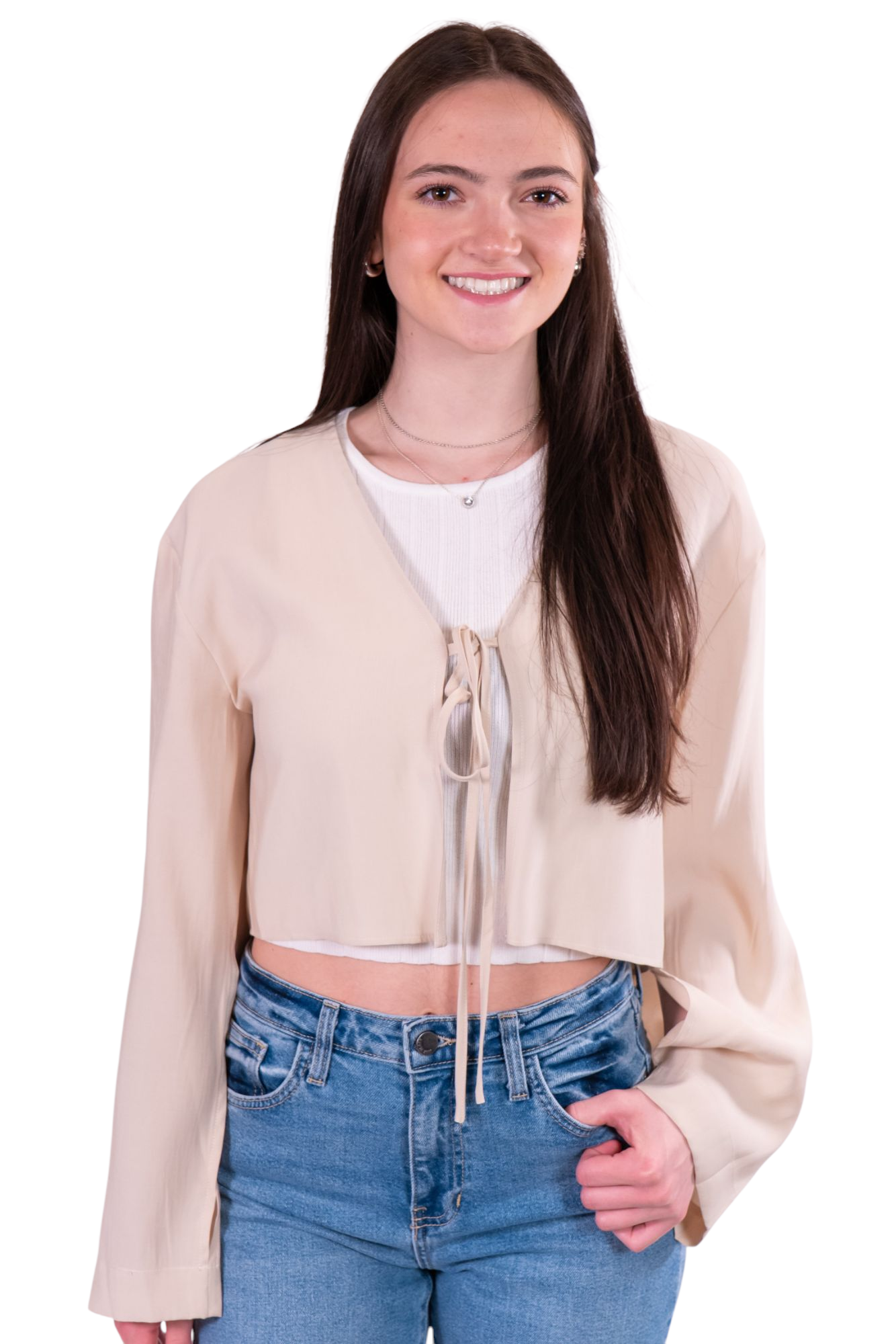 Beige Viscose Tie Front Long Sleeve Top