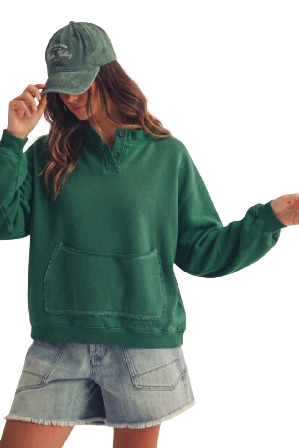 Hunter Green Front Pocket Mockneck Button Sweatshirt