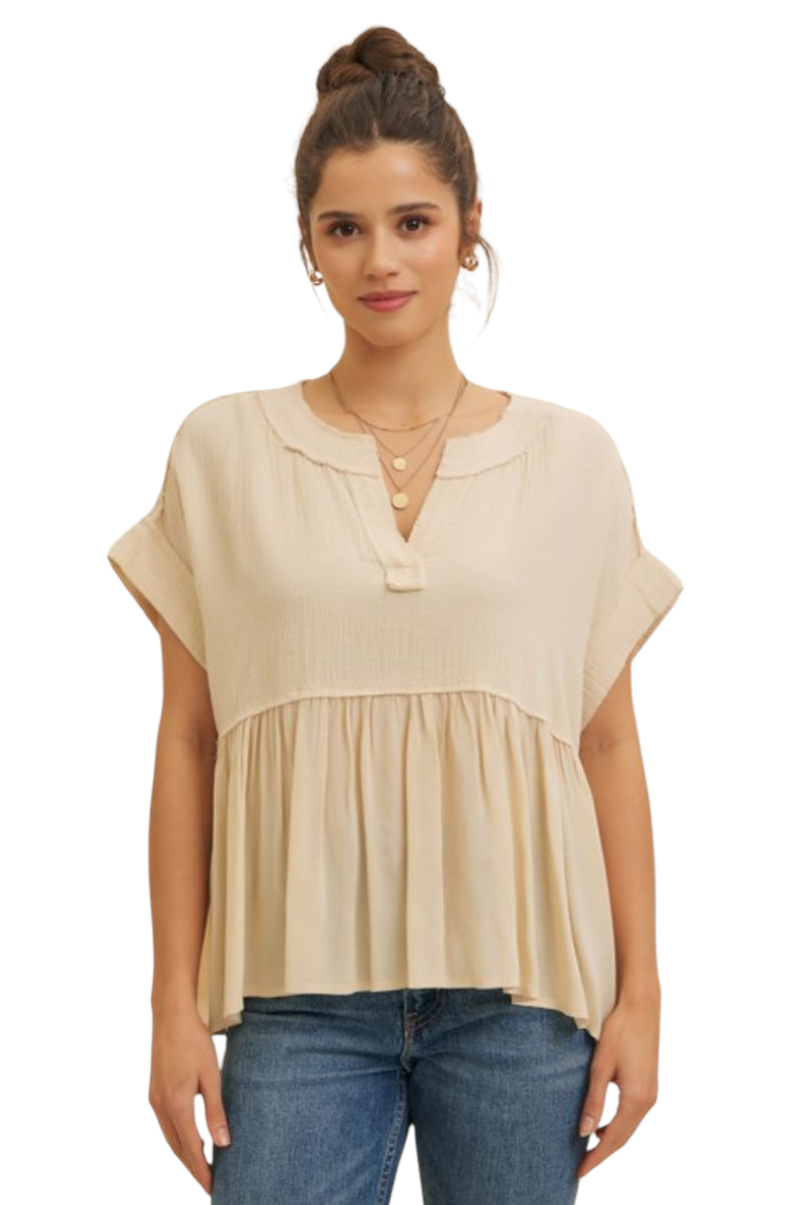 Natural Duo Fabric Raw Edge Cotton Babydoll Top