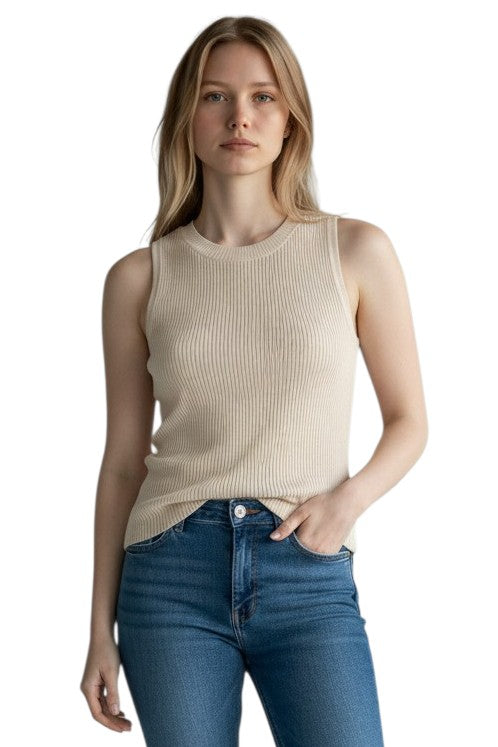 Jadine Off White Ribbed Crew Neck Tank Top