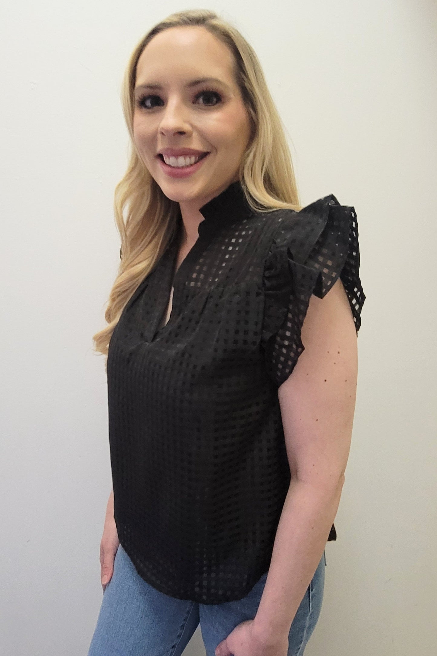 Black Split V Neck Ruffled Checker Organza Top