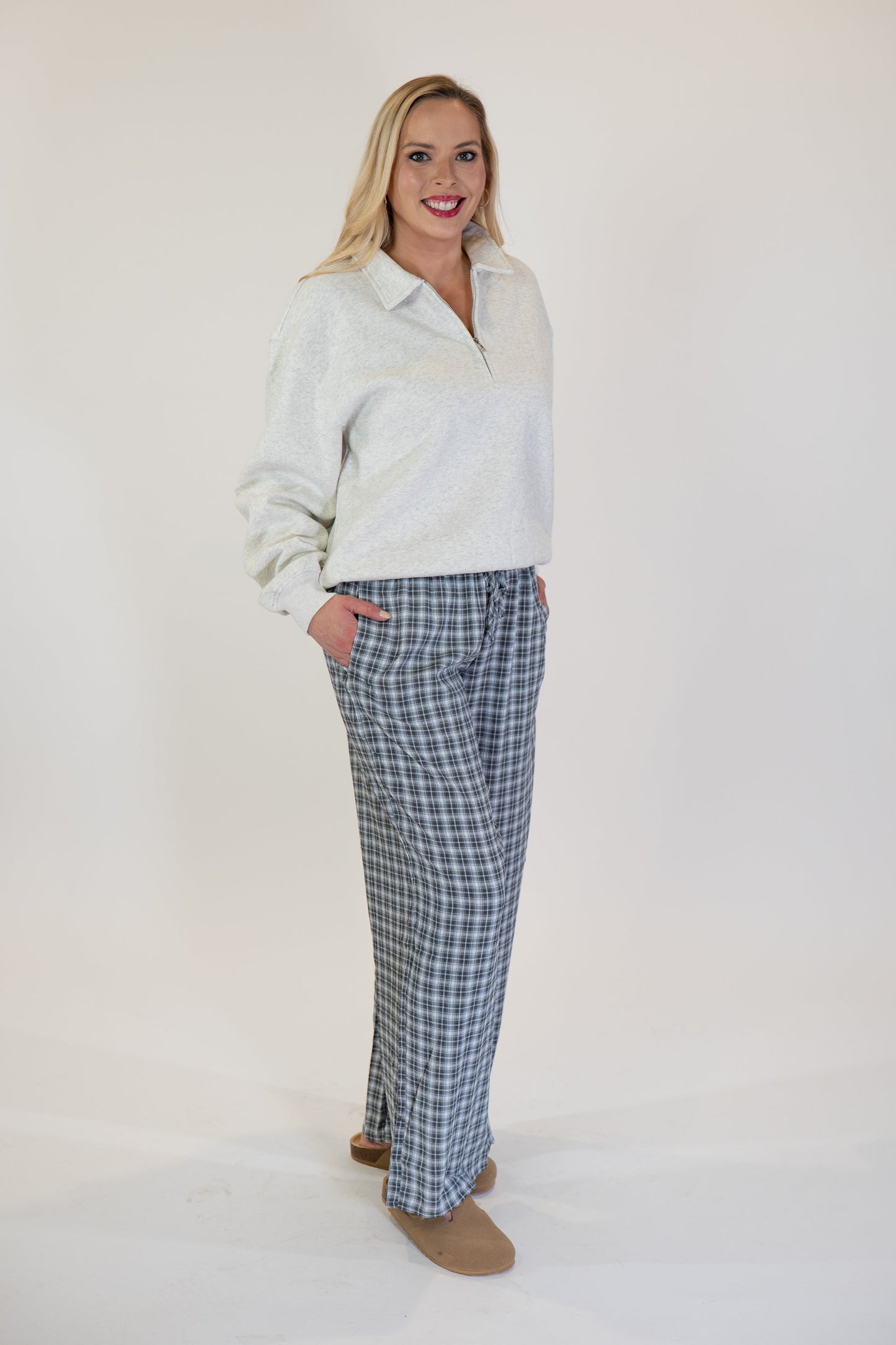 Grey Plaid Dillon Wide Leg Lounge Pants