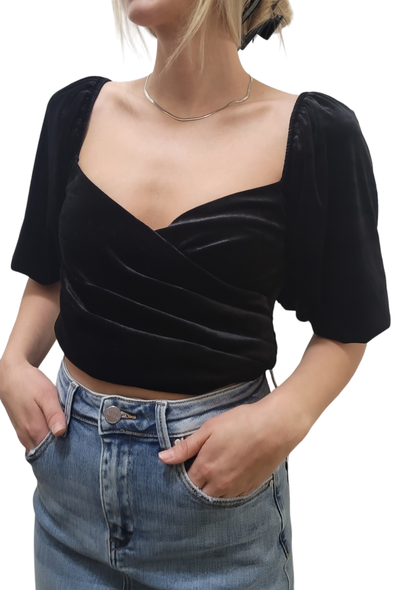 Velvet Black Puff Sleeve Crop Top