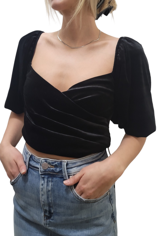 Velvet Black Puff Sleeve Crop Top