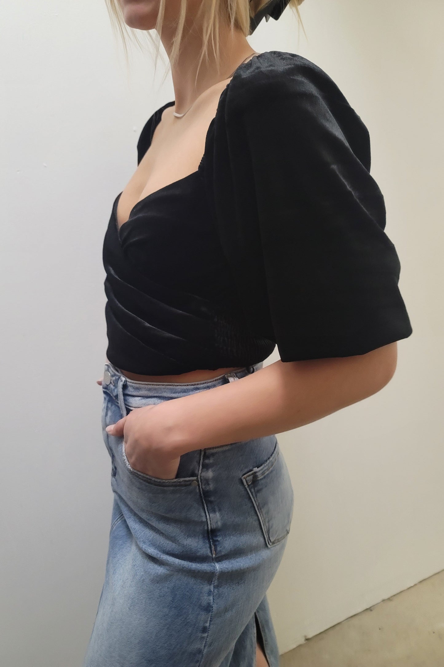 Velvet Black Puff Sleeve Crop Top