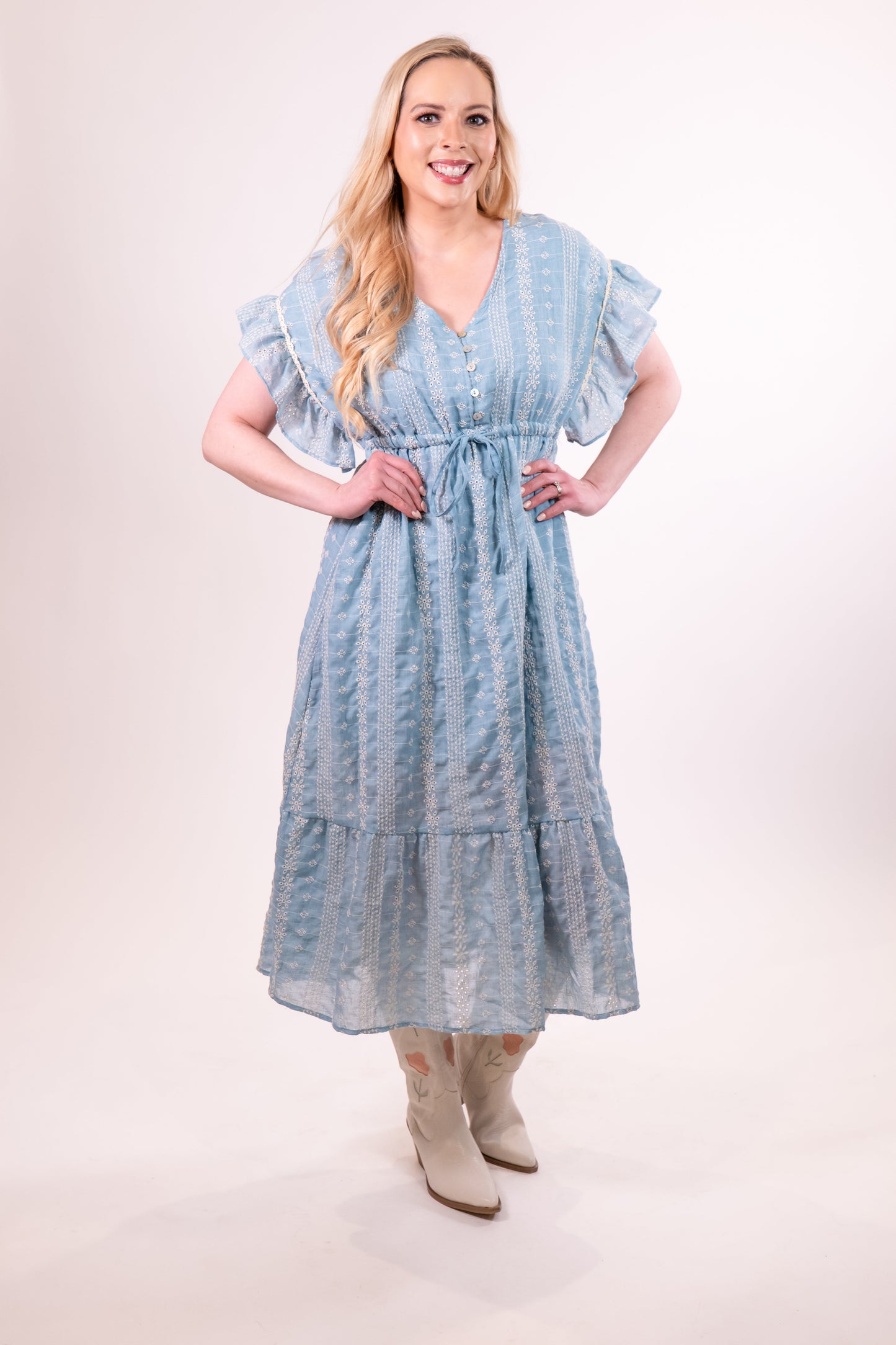 Blue Embroidered Boho Ruffles Midi Dress
