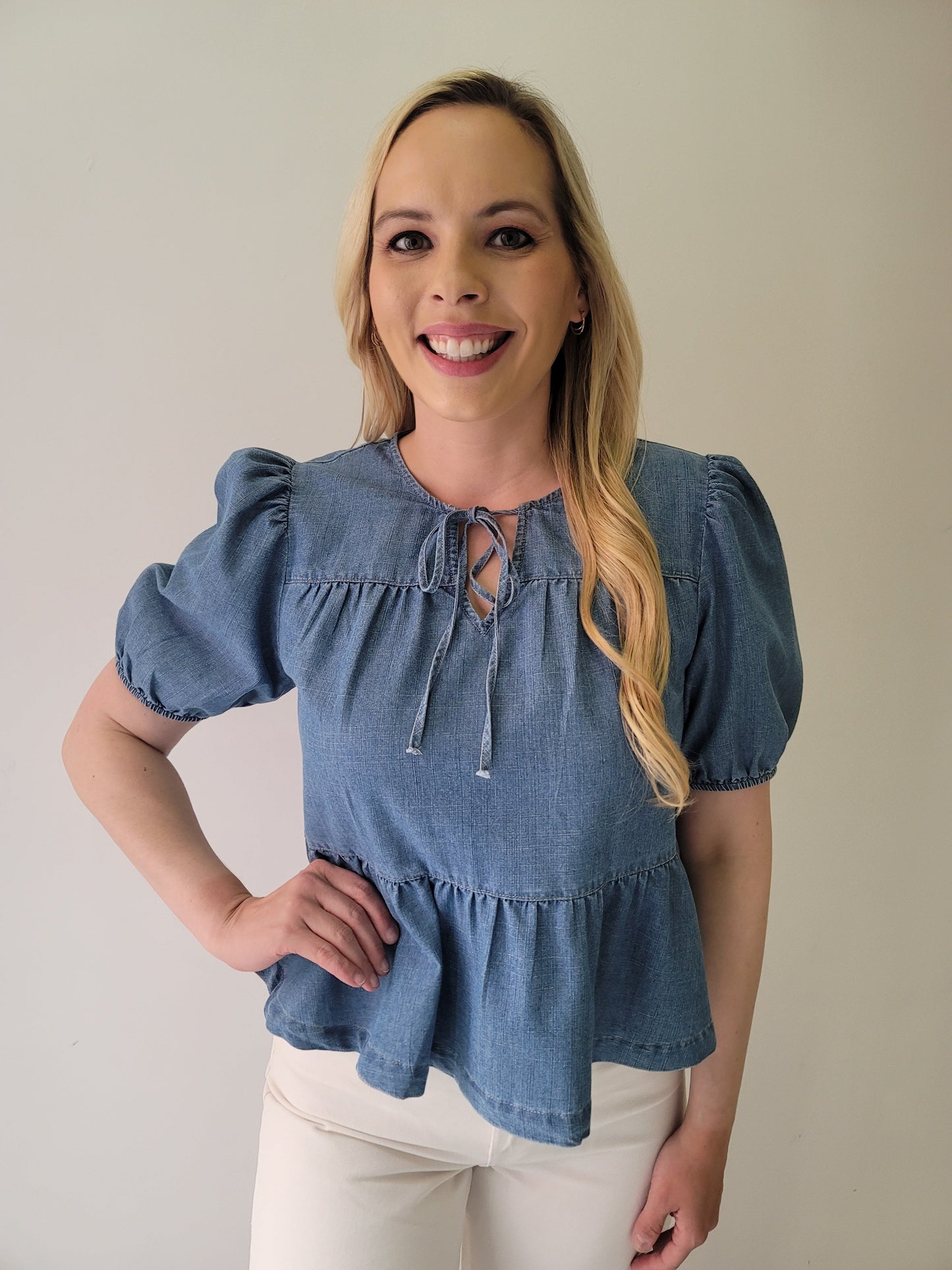 Washed Denim Babydoll Bow Tie Top