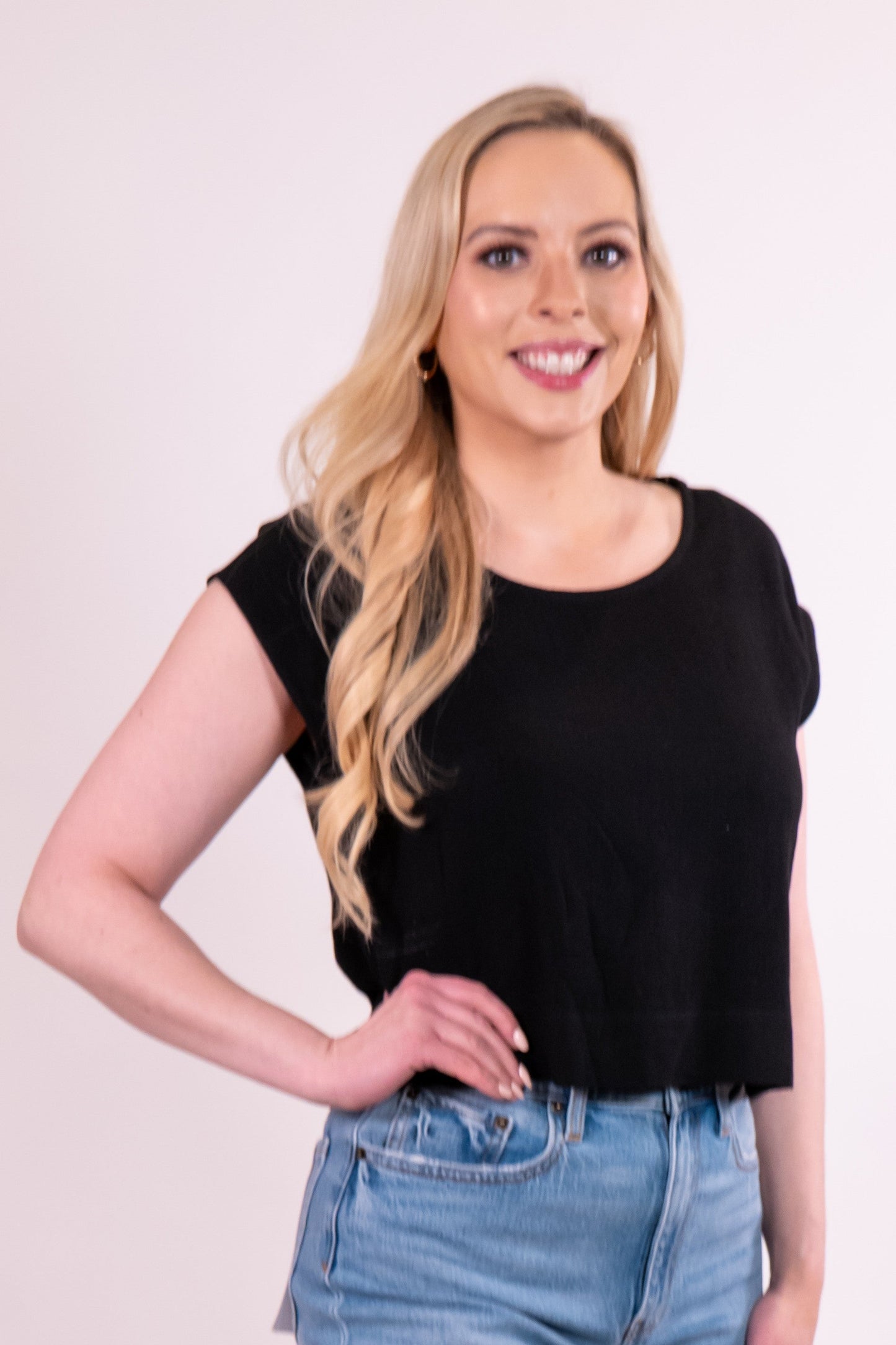 Black Round Neck Woven Boxy Top