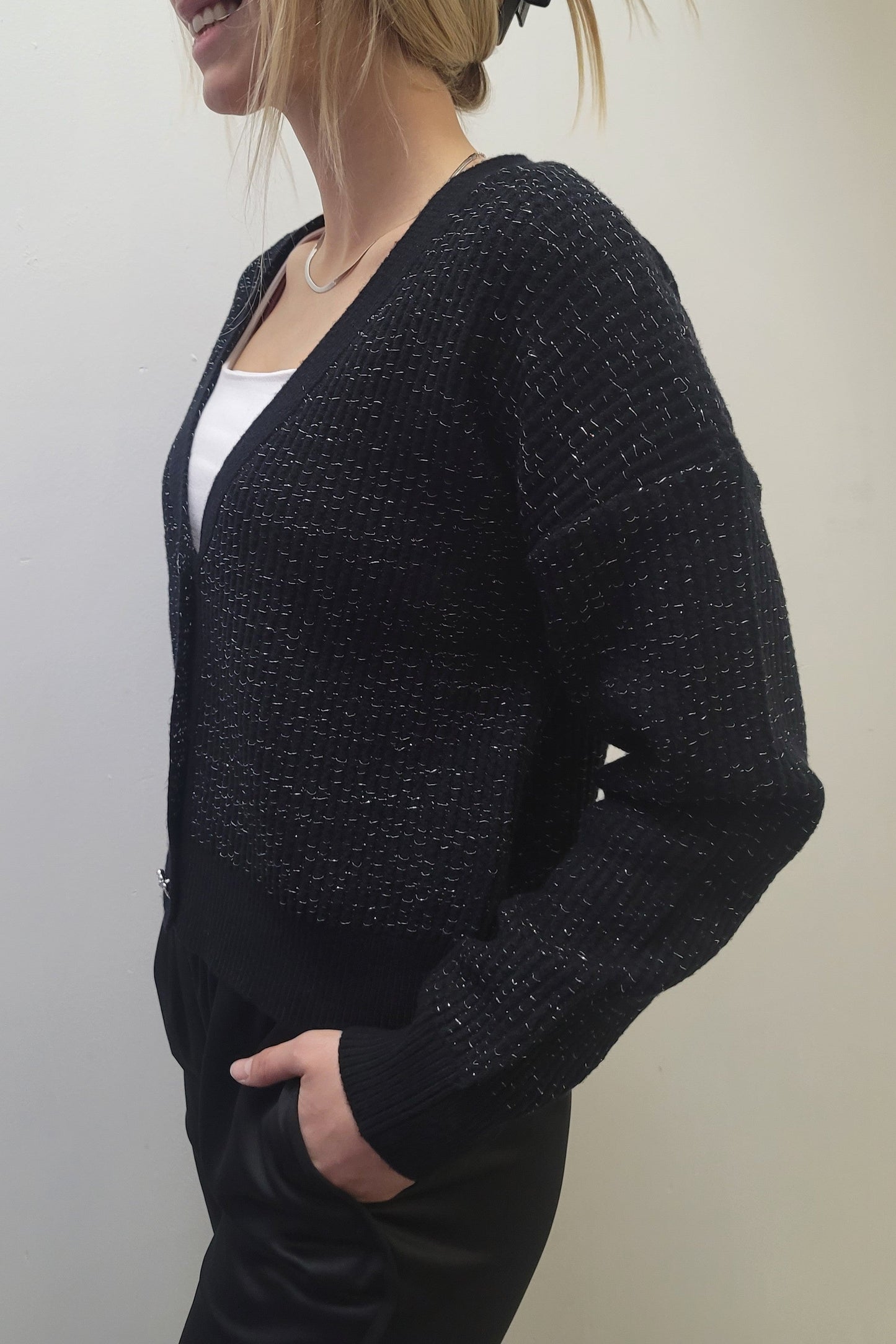 Dex Black/Silver Lurex Embellished Trim Cardigan