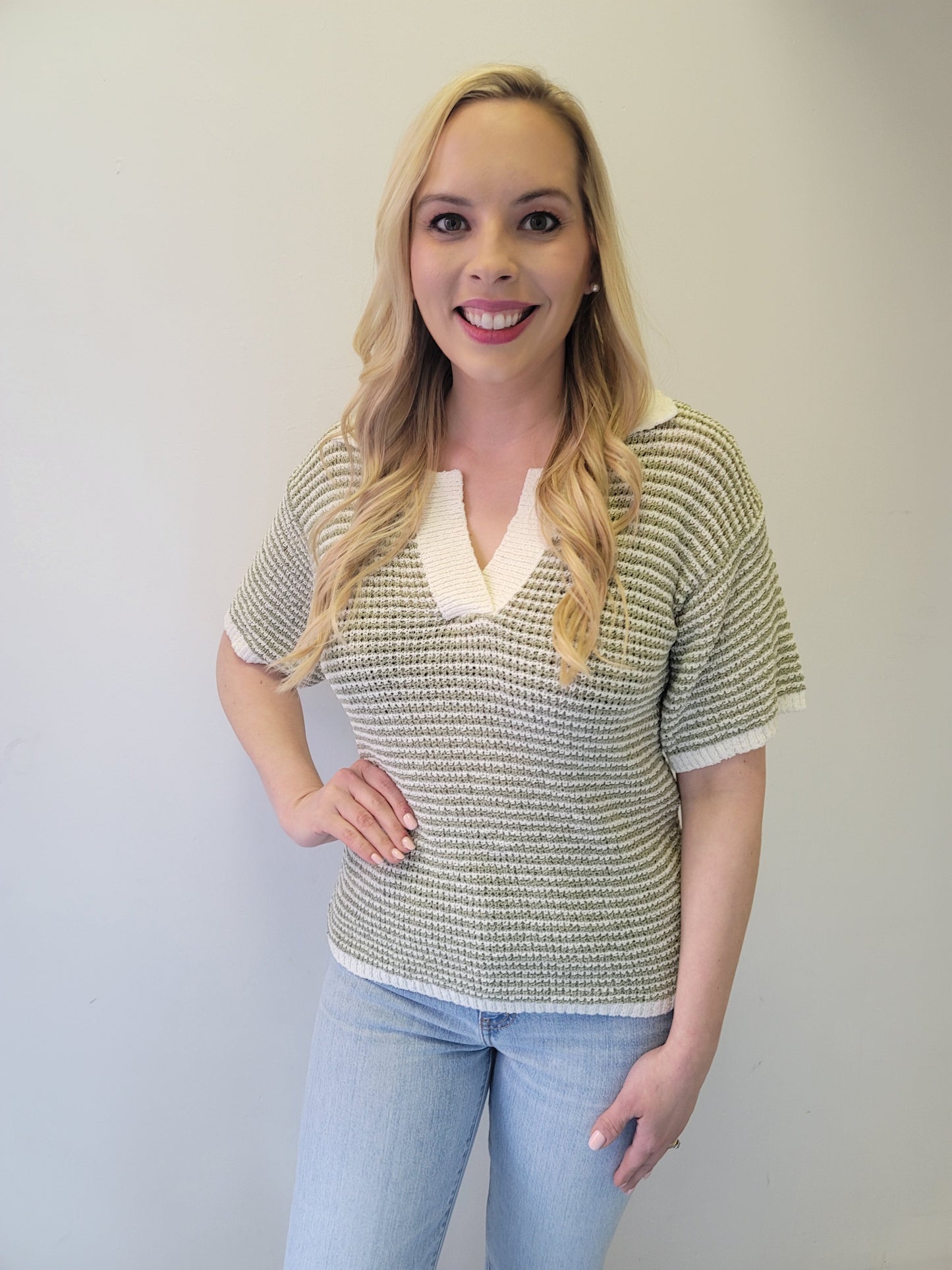 Sage Green Striped Boucle Lightweight Collared Polo Top Sweater