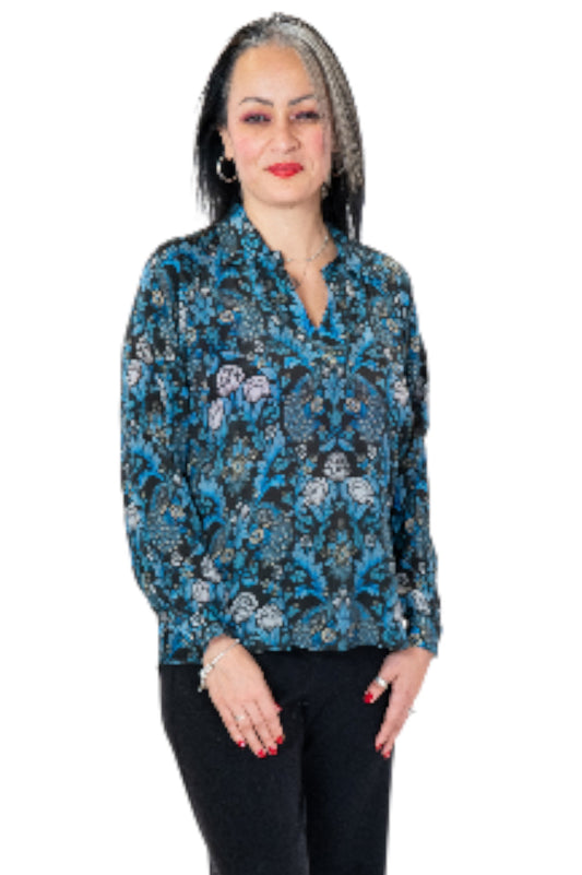 APNY Wine Blue Multi Half Placket Pullover Blouse