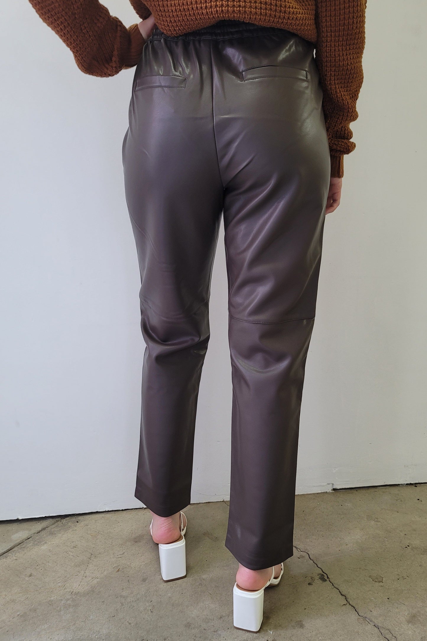 Dex Olive Brown Straight Hem Faux Leather Jogger