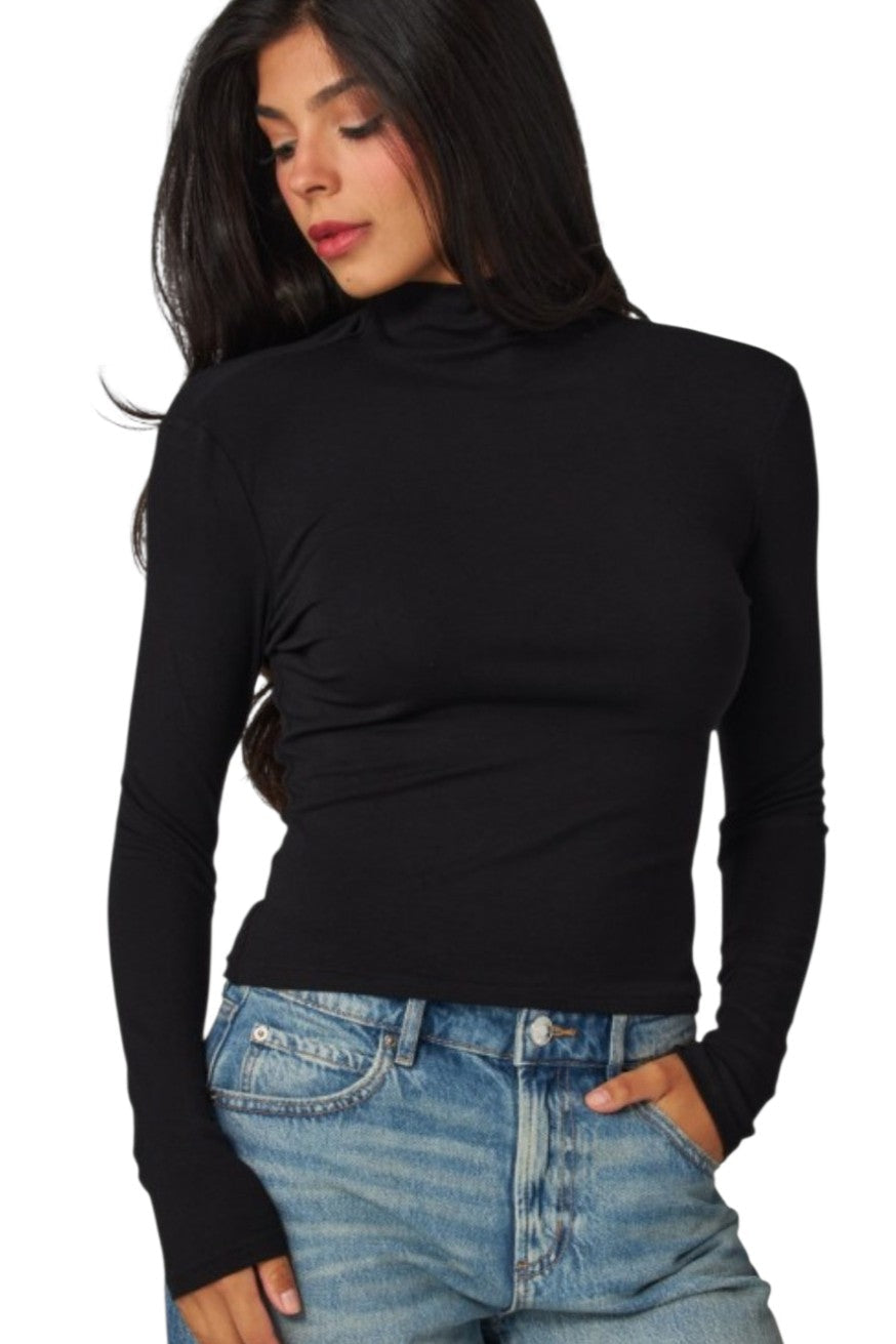 Black Fitted Fine Ribbed Long Sleeve Mockneck