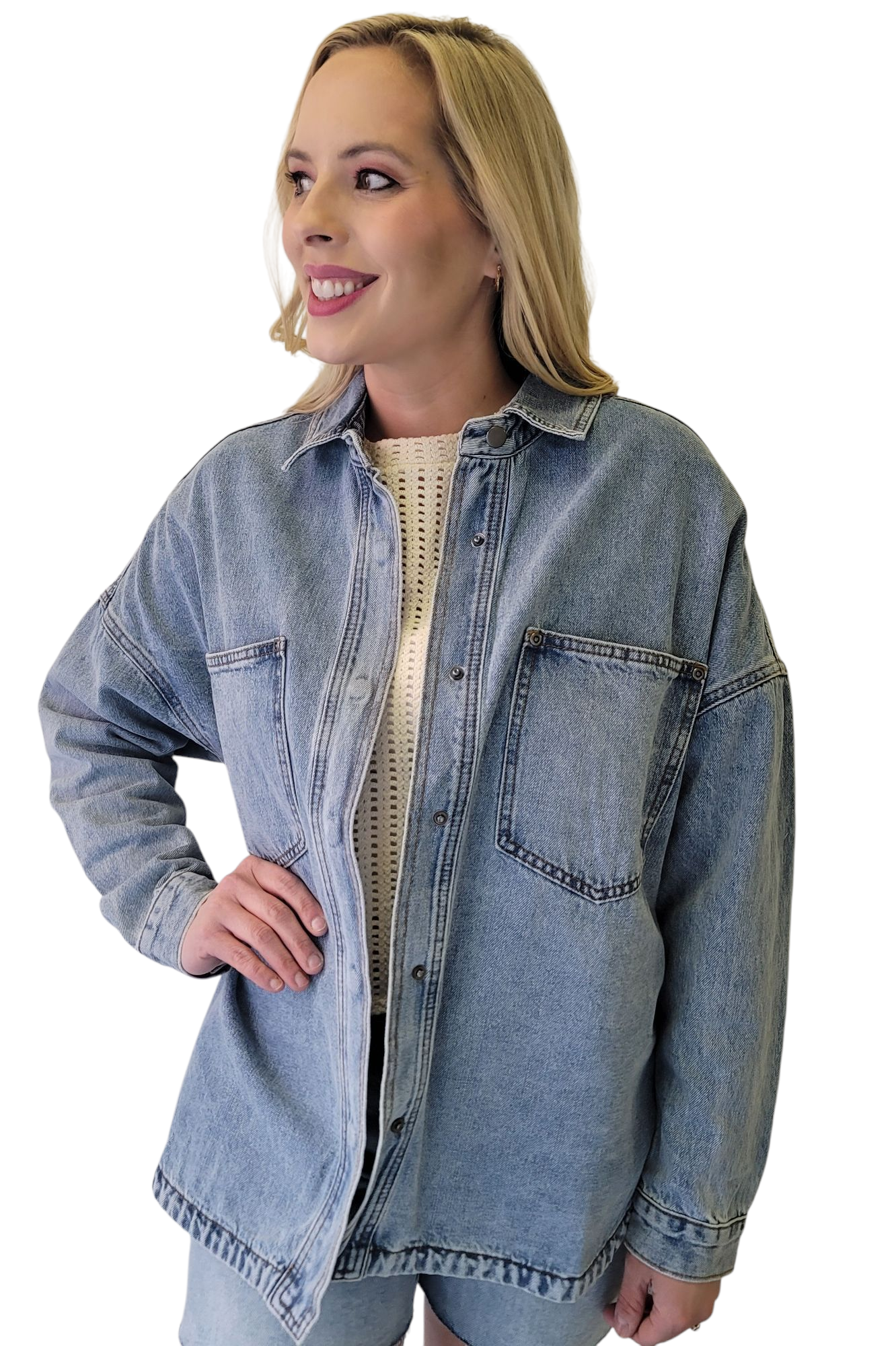 Miou Muse Medium Wash Snap Button Jean Shacket