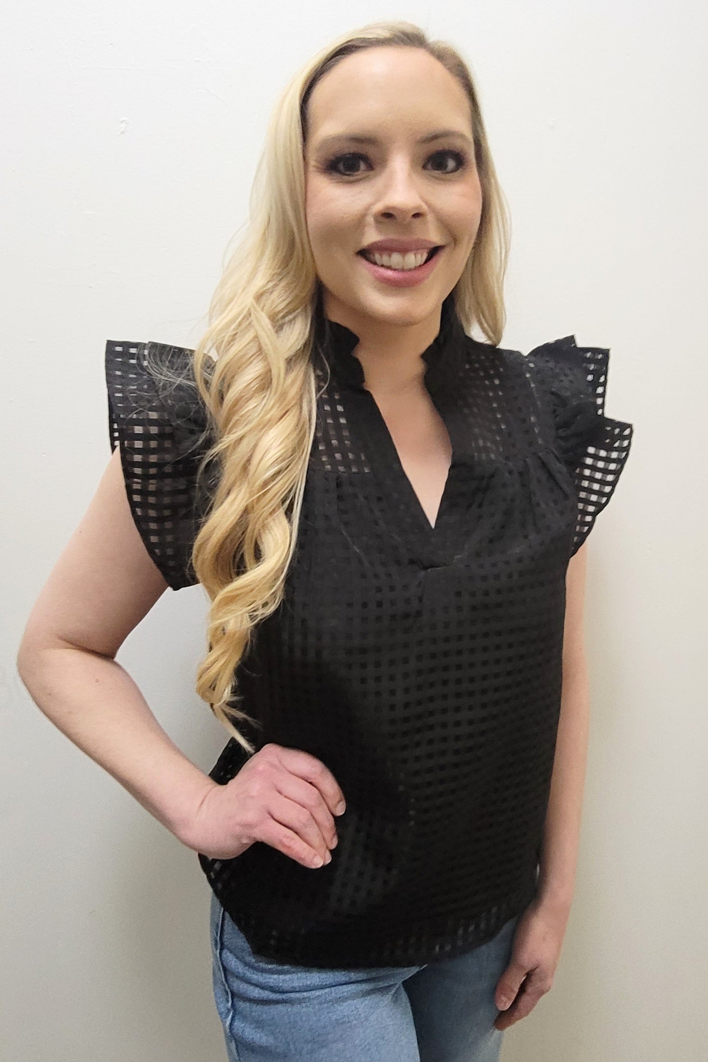 Black Split V Neck Ruffled Checker Organza Top