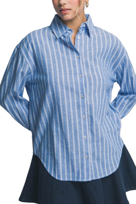 Blue Stripe Oversized Button Down Long Sleeve Shirt