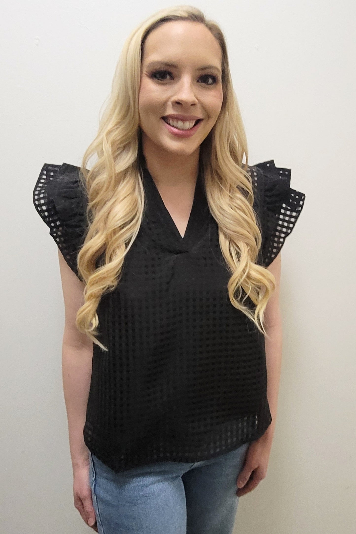 Black Split V Neck Ruffled Checker Organza Top