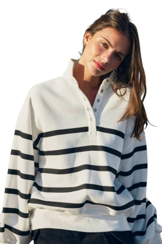 Black & White Stripe Snap Pullover Sweatshirt