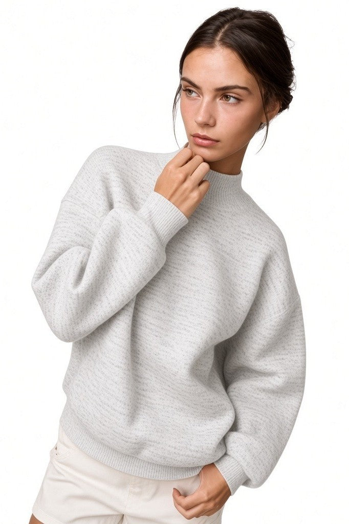 White Melange Mock Neck Sweatshirt