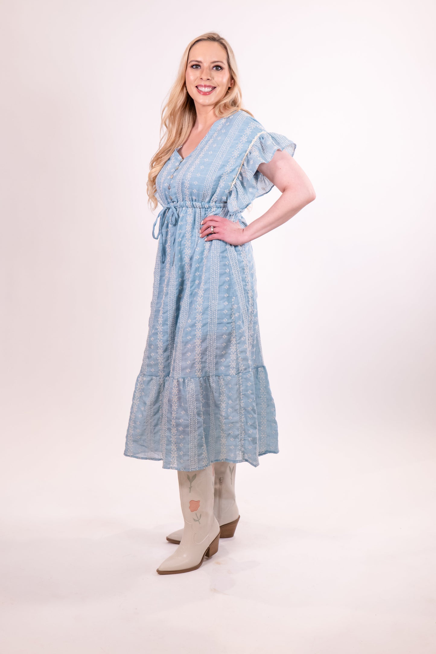 Blue Embroidered Boho Ruffles Midi Dress