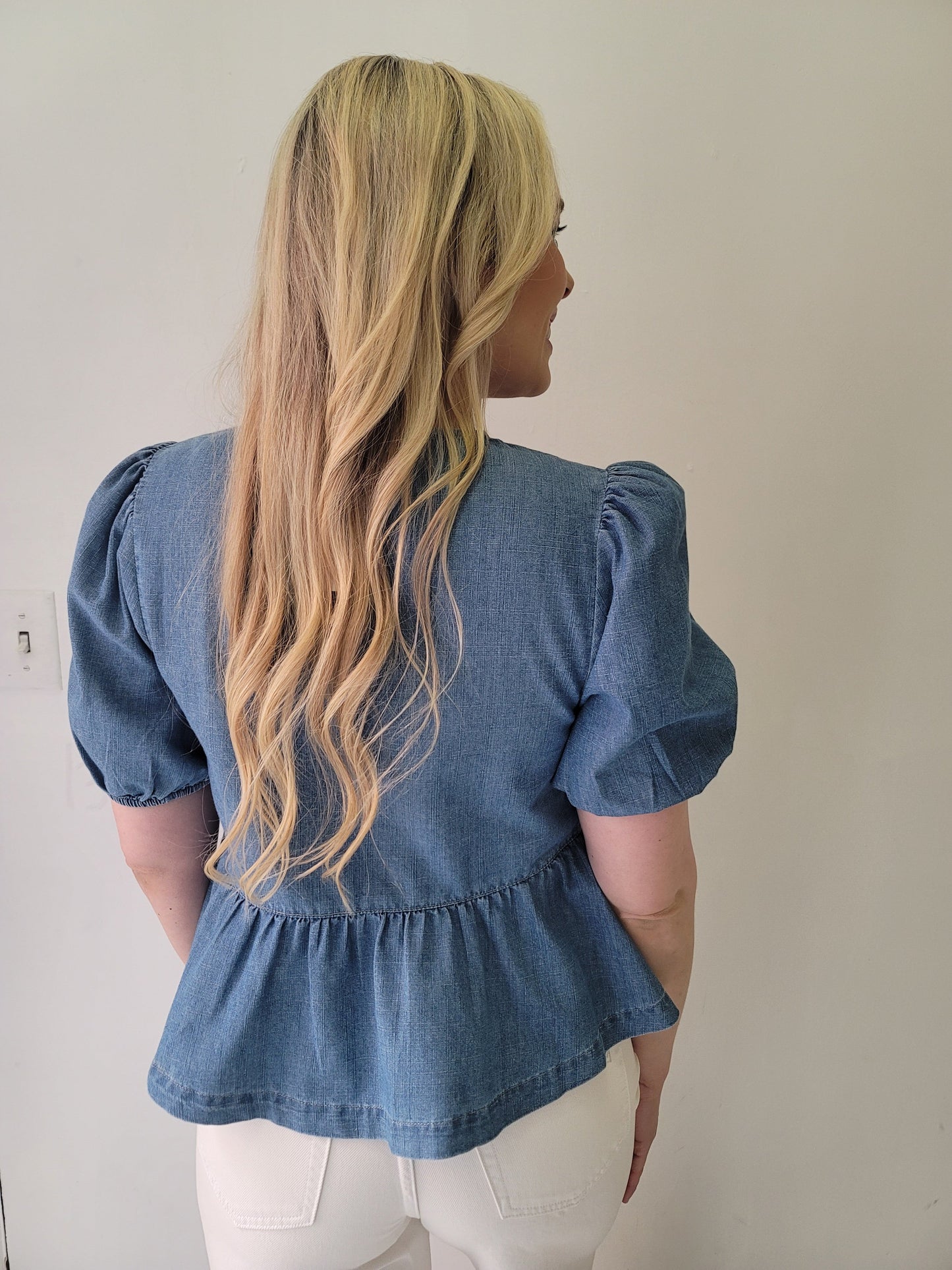 Washed Denim Babydoll Bow Tie Top
