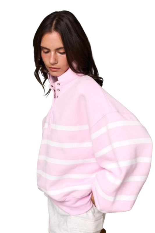 Pink & White Stripe Snap Pullover Sweatshirt