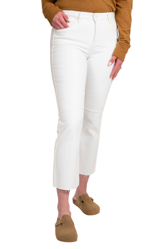 Risen White Mid Rise Straight Raw Edge Jeans