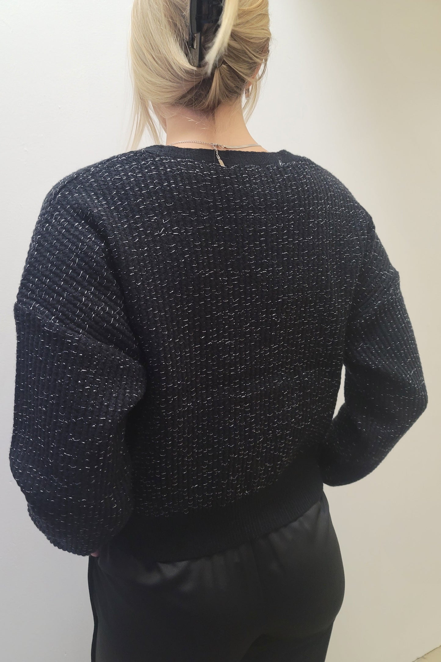 Dex Black/Silver Lurex Embellished Trim Cardigan