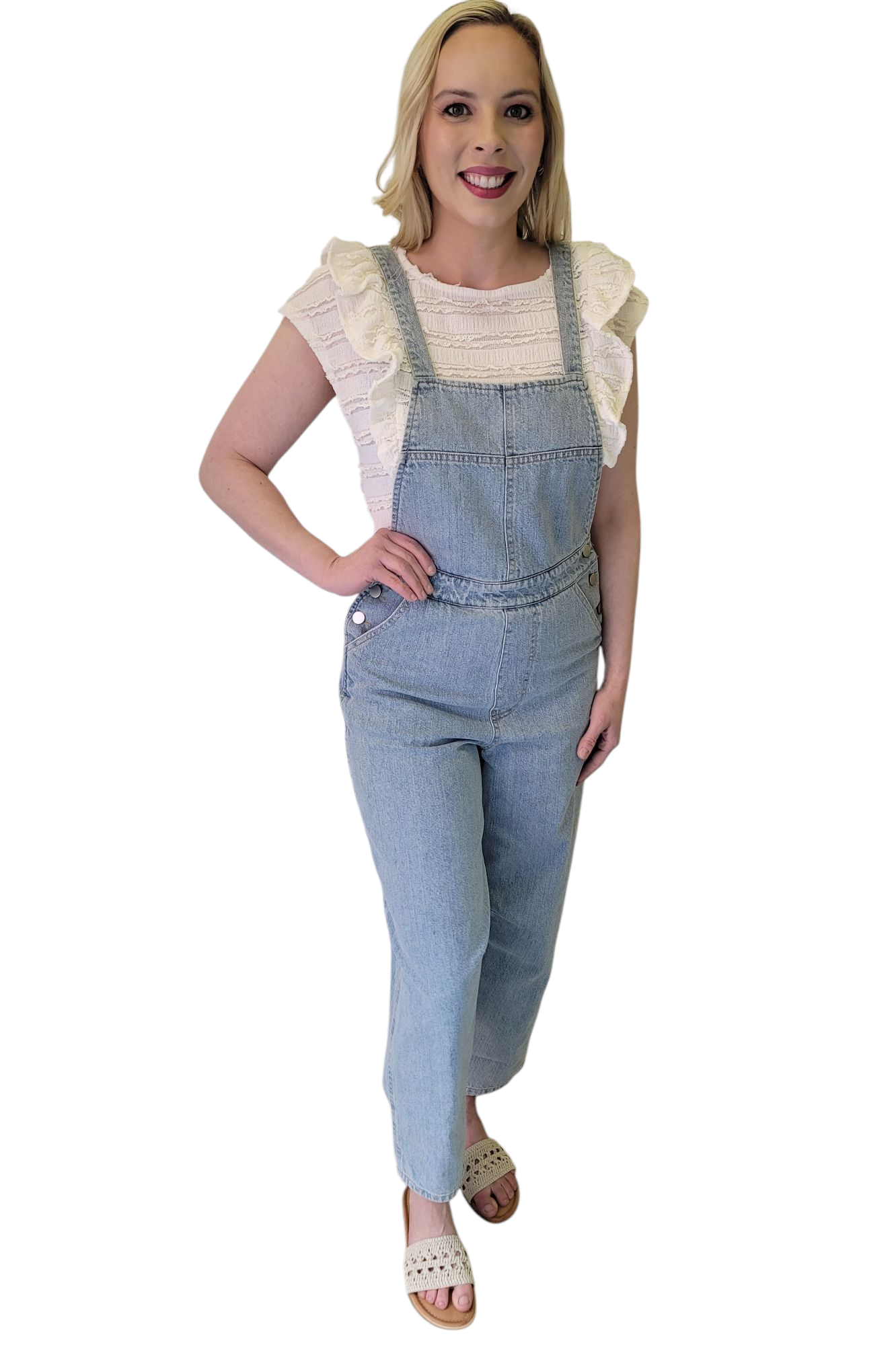 Light Washed Denim Button Strap Overalls