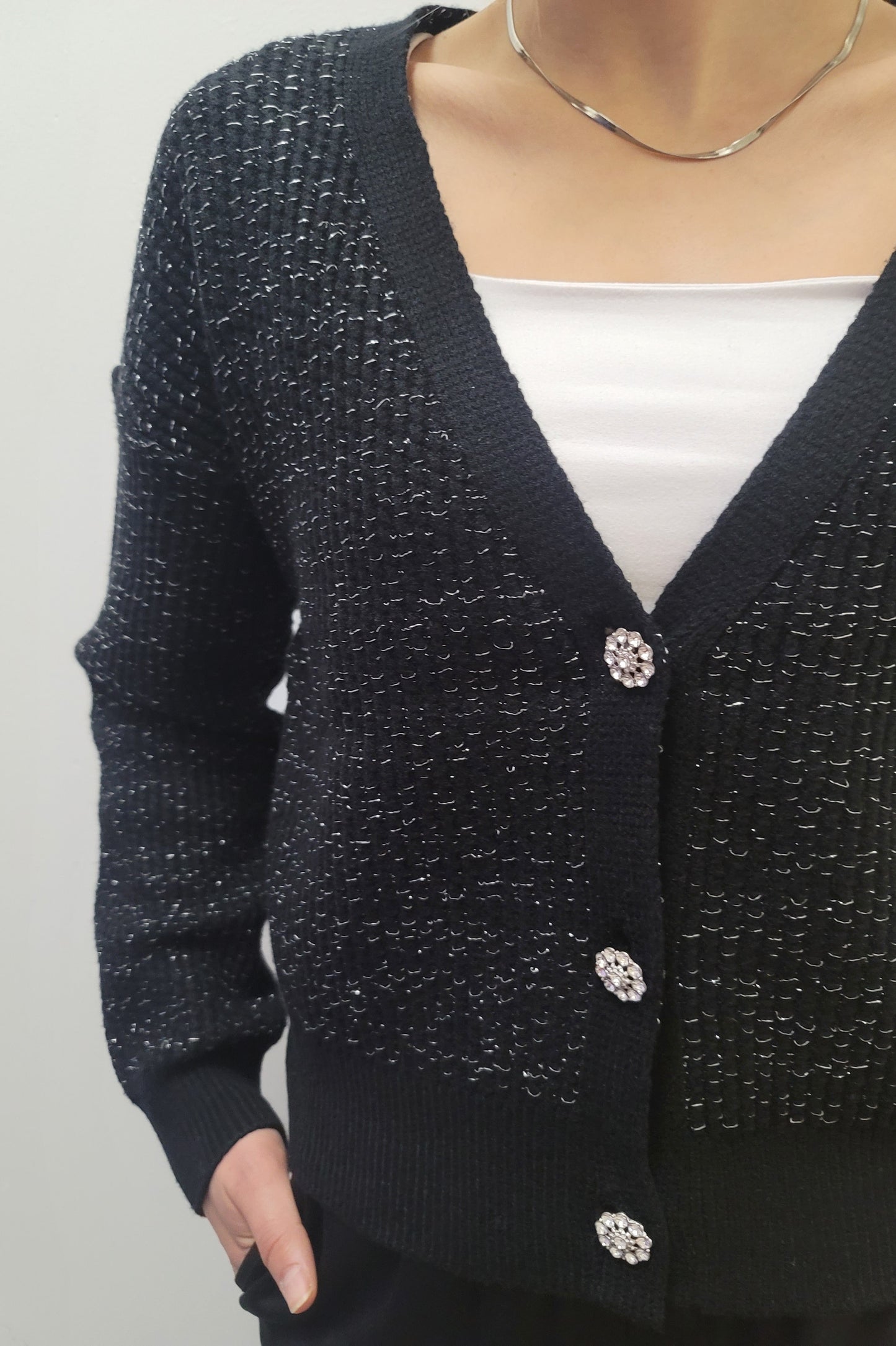 Dex Black/Silver Lurex Embellished Trim Cardigan