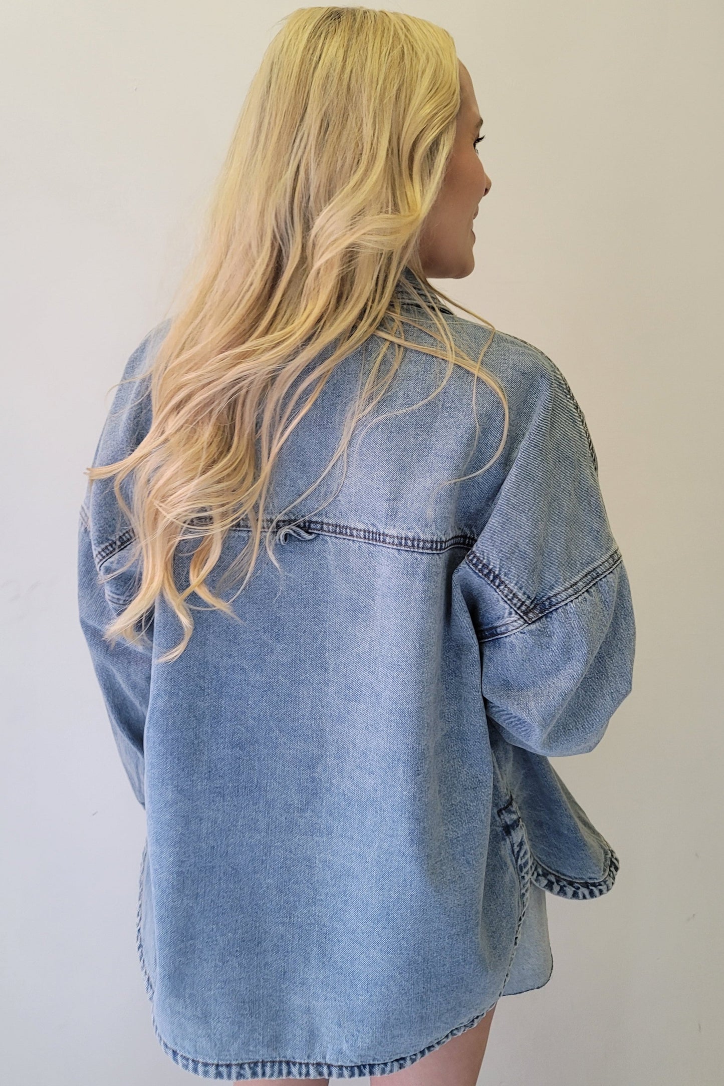 Miou Muse Medium Wash Snap Button Jean Shacket